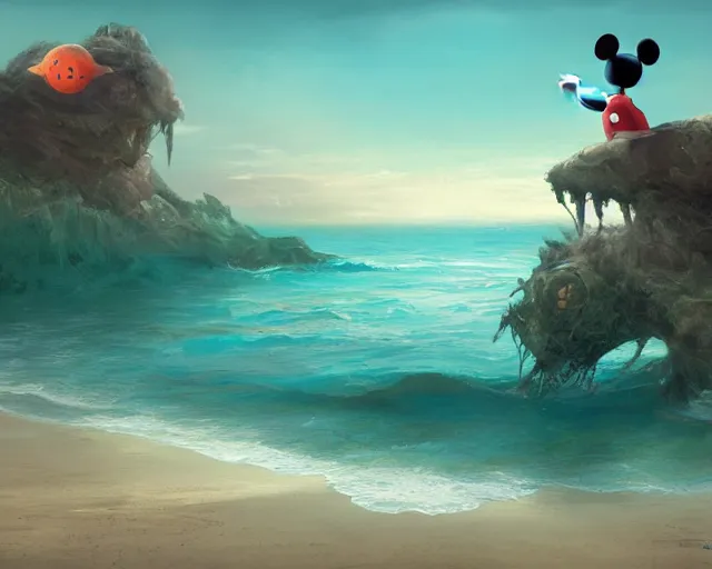 Prompt: Mickey mouse sitting next to terrifying sea creatures on a creepy beach, digital art, in the style of Raphael Lacoste, super detailed, artstation