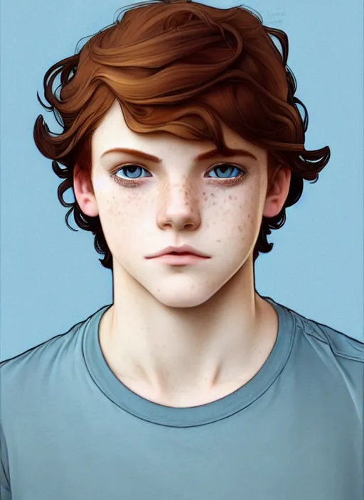 Image similar to art nouveau portrait of a teen boy with completely straight auburn hair, light blue eyes, pale skin, freckles, sad expression, t - shirt, modern casual clothing, natural lighting, path traced, highly detailed, high quality, cartoon, digital painting, by don bluth and ross tran and studio ghibli and alphonse mucha