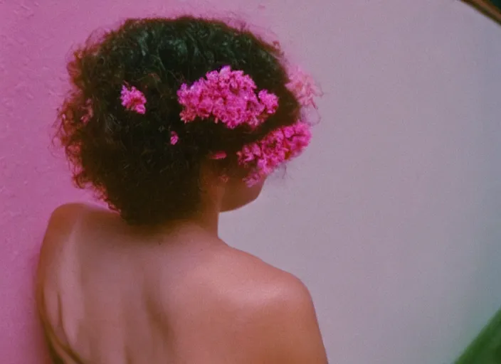 Image similar to extra close-up, color film photography, the back of a woman\'s head with interwoven flowers against a pink wall, daylight, 35mm