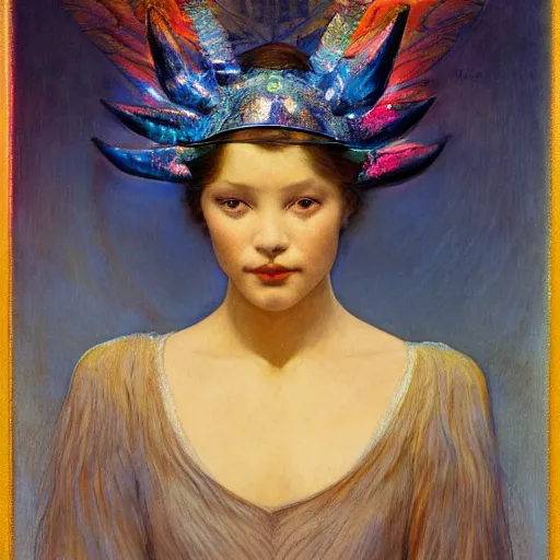 Image similar to child of the city of ice, by Annie Swynnerton and Diego Rivera and Tino Rodriguez and Maxfield Parrish, elaborate headdress, iridescent beetles, rich color, dramatic cinematic lighting, extremely detailed