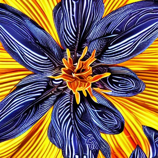 Image similar to mechanical tiger lily flower, metallic, glowing, high detail