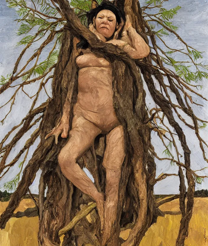 Image similar to indigenous woman on top of a tree, painted by lucian freud, hd, super detailed, realistic, muted colors