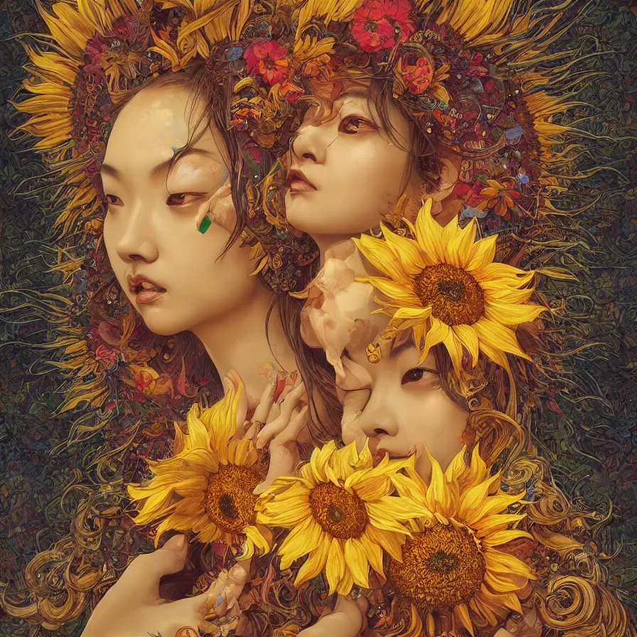 Prompt: Sunflower Chinese goddess-queen, colourful, surreal, dramatic lighting, face, detailed, intricate, elegant, highly detailed, digital painting, artstation, concept art, smooth, sharp focus, illustration, art by Sam Spratt, Dan Mumford, Artem Demura and Alphonse Mucha