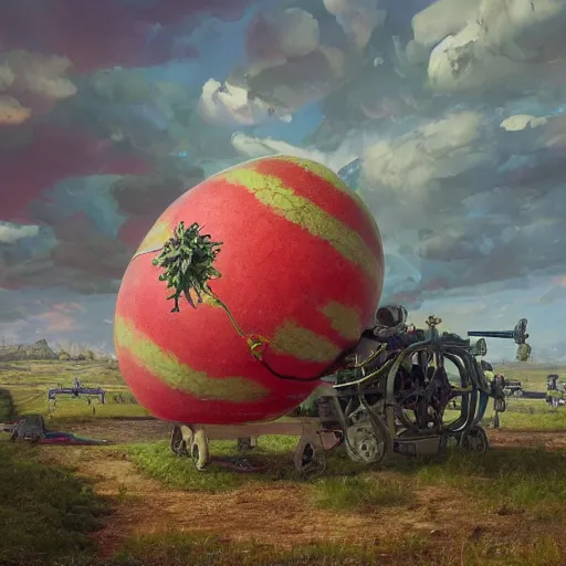 Image similar to Concept Digital Art Highly detailed Giant Watermelon war machine protecting Beautiful Ukrainian village by Taras Shevchenko and Stephen Hickman and Beeple. Very highly detailed 8K,Pentax 67, Kodak Portra 400, the golden ratio, photorealism rational painting