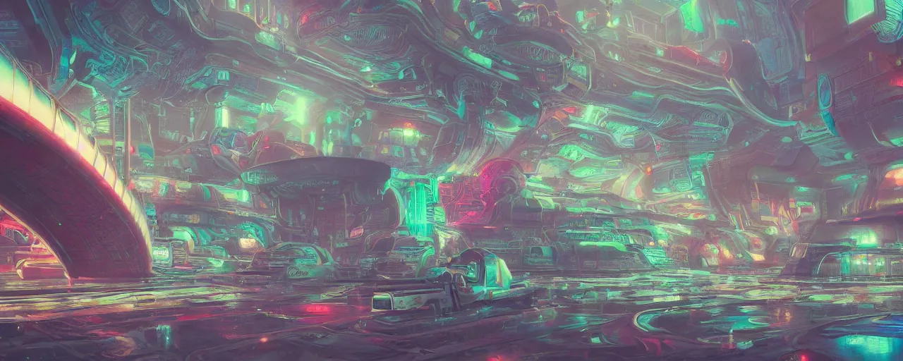 Prompt: detailed concept art illustration colorful pastel painting of a retro sci-fi alien spaceport in full intricate detail, ultra detailed, digital art, octane render, 4K, dystopian, micro details