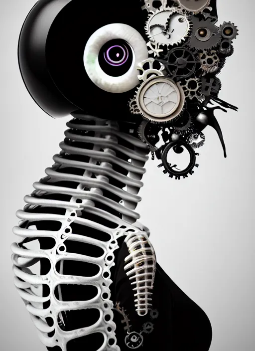 Image similar to black and white dreamy foggy profile face portrait, one steampunk eye biomechanical beautiful young female cyborg - robot, body ribs meshes, big monocular, volumetric light, hibiscus flowers, by hg giger, rim light, by dora maar and cecile beaton, big gothic fashion pearl embroidered collar, 8 k