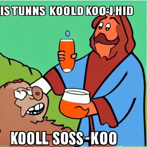 Prompt: jesus turns water into the kool - aid man