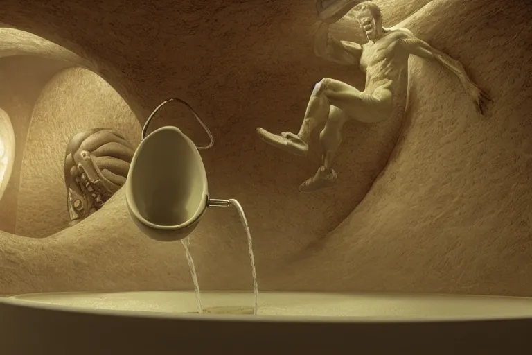 Image similar to hyperrealism aesthetic ridley scott style photography of detailed giant peeing in detailed ultra huge toilet bowl in surreal scene from detailed art house movie in style of denis villeneuve and wes anderson