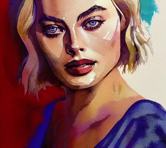 Image similar to A portrait of margot robbie made out of watercolor, trending on artstation