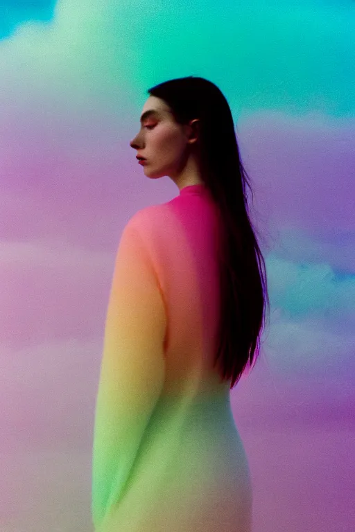 Image similar to high quality pastel coloured film close up wide angle photograph of a model wearing clothing swimming on cloud furniture in a icelandic black rock!! environment in a partially haze filled dreamstate world. three point light, rainbow. photographic production. art directed. pastel colours. volumetric clouds. pastel gradient overlay. waves glitch artefacts. extreme facial clarity. 8 k. filmic.