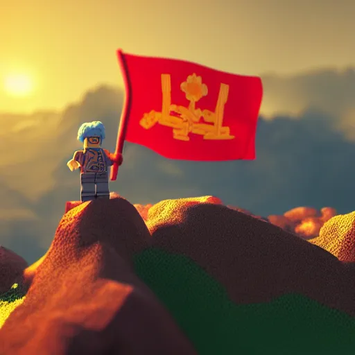 Image similar to a plastic lego toy standing with Soviet flag on a mountain against the sunset, everything is on fire, painting by Craig Mullins, octane rendering, soft morning lighting, wide angle lens, in the style of Hayao Miyazaki, trending on artstation