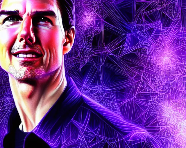 Prompt: portrait of tom cruise, fractal neon glowing diagram background, intricate purple suit, digital art by artgerm and karol bak