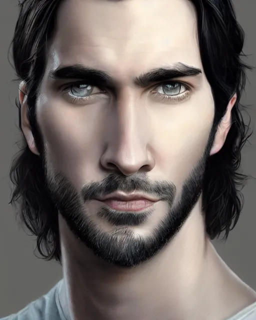 Image similar to portrait of tall, 3 3 - year - old handsome man with long dirty black hair, and ice grey eyes, wearing black clothes, no beard, hyper realistic face, beautiful eyes, character art, art by mark brooks, hyperdetailed, cryengine, trending on artstation, digital art