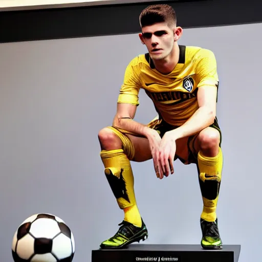 Prompt: a realistic detailed photo of a guy who is an attractive humanoid who is half robot and half humanoid, who is a male android, soccer player christian pulisic, shiny skin, posing like a statue, blank stare, in a living room, on display, showing off his muscles