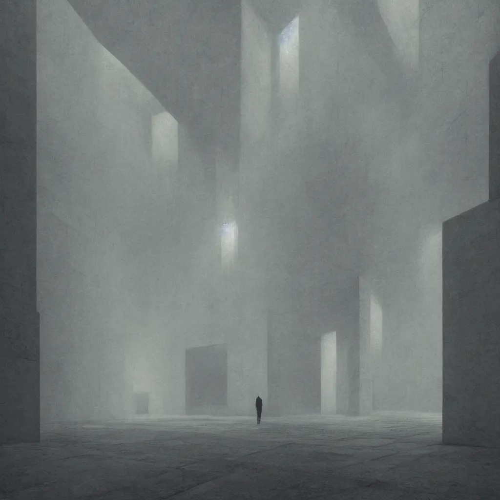 Prompt: a man lost in the middle of concrete brutalist massive symmetric architecture, detailed, minimalist, volumetric lights, by zdzislaw beksinski