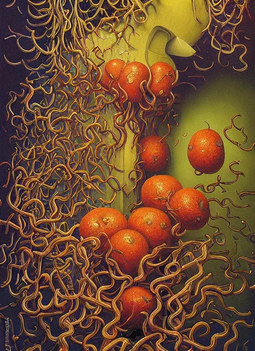 Image similar to hyper detailed Oil painting - I Eat of the Strangling Fruit and My gossamer polyp blossoms bring iridescent fungal flowers whose spores black the foolish stars by Jacek Yerka, Mariusz Lewandowski, Abstract brush strokes, Masterpiece, Edward Hopper and James Gilleard, Zdzislaw Beksinski, Mark Ryden, Wolfgang Lettl, hints of Yayoi Kasuma