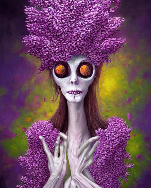 Image similar to Haunting horrifying detailed painting of a tall skinny extraterrestrial flower monster made of lilacs, roses, lilies and daffodils, light leak, spectrum, and bloodshot eyeballs, hyper detailed, trending on Artstation