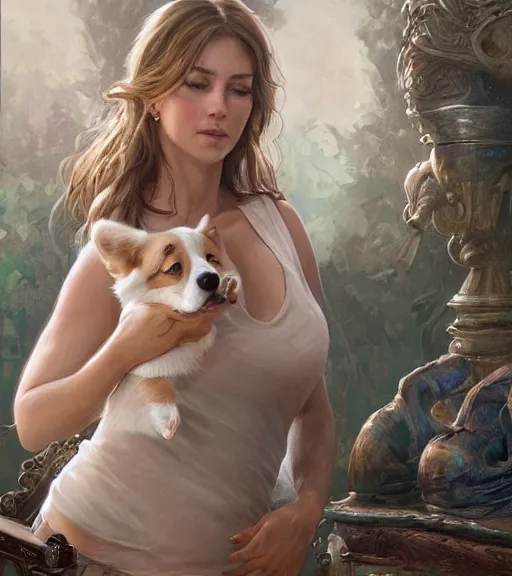 Prompt: full portrait of a young, attractive woman petting a corgi dog, soft hair, muscular, half body, cloth, d & d, fantasy, intricate, elegant, highly detailed, digital painting, artstation, concept art, smooth, sharp focus, illustration, art by artgerm and greg rutkowski and alphonse mucha