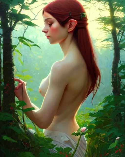 Image similar to stylized portrait of an artistic pose, composition, young elf nymph surrounded by nature, realistic shaded, fine details, realistic shaded lighting poster by ilya kuvshinov, magali villeneuve, artgerm, jeremy lipkin and michael garmash and rob rey