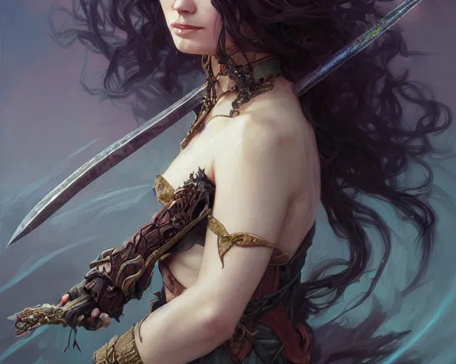 Image similar to changeling who is eclectic and has bushy hair along with a sword, deep focus, d & d, fantasy, intricate, elegant, highly detailed, digital painting, artstation, concept art, matte, sharp focus, illustration, hearthstone, art by artgerm and greg rutkowski and alphonse mucha