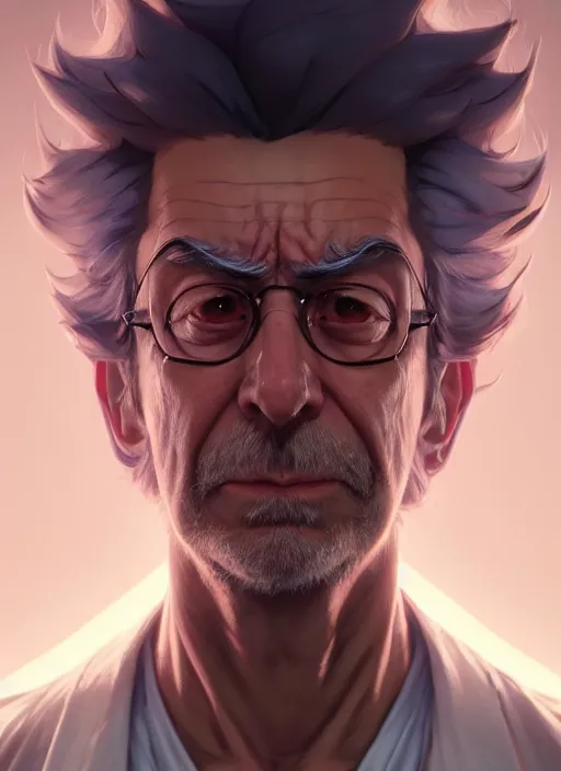 Image similar to concept art by artgerm, amazingly beautiful portrait of a hyper realistic, frowning, sad rick sanchez by greg rutkowski, artgerm, alphonse mucha, concept art, octane render, highly detailed, high quality, 8 k, soft lighting, path traced, and uang guangjian and gil elvgren, symmetry!!