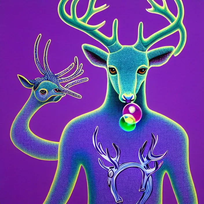 Prompt: an anthropomorphic male blue deer wearing a violet tracksuit blowing a bubble, by alex grey and jackson pollock, intricate details, artstation, psychedelic, hd, beautiful