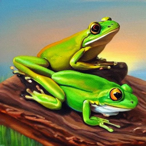 Prompt: Two frogs sitting on a log in a pond, the sun is setting. Oil painting