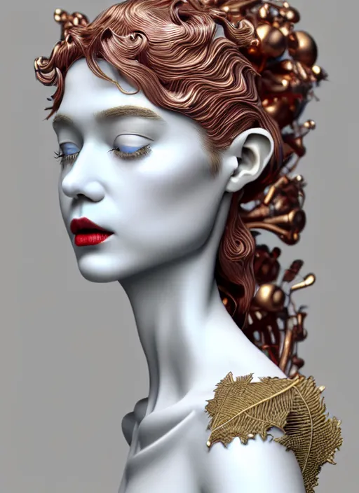 Image similar to complex 3d render ultra detailed of a beautiful porcelain profile woman face, mechanical cyborg, 150 mm, beautiful natural soft light, rim light, silver gold details, magnolia big leaves and stems, roots, fine foliage lace, maze like, mesh wire, red lips, intricate details, hyperrealistic, ultra detailed, mandelbrot fractal, anatomical, white metal neocubism armor, facial muscles, cable wires, microchip, elegant, octane render, H.R. Giger style, 8k