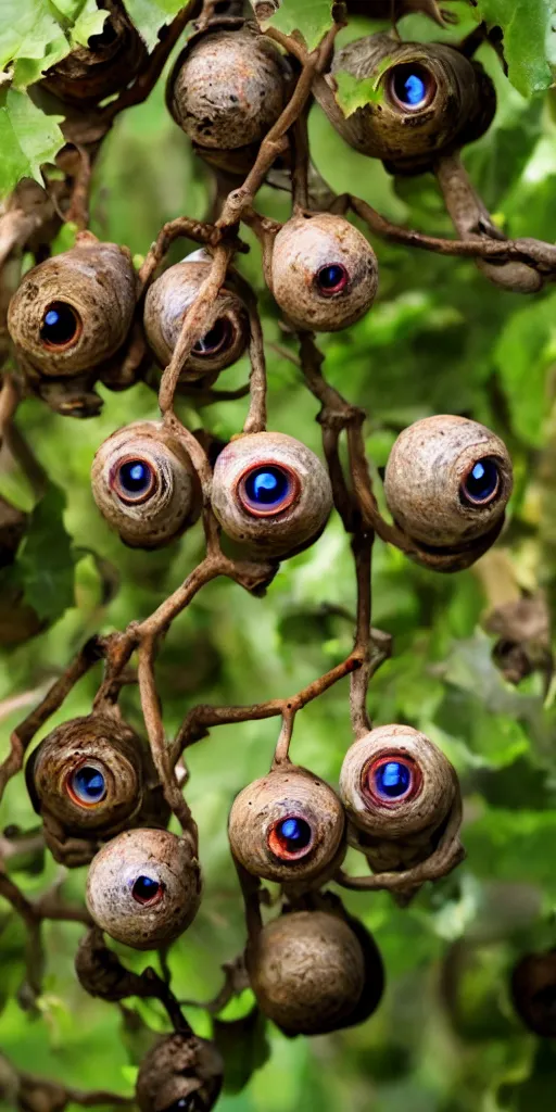 Prompt: conical, shouldered cluster of eyeballs hanging from a vine