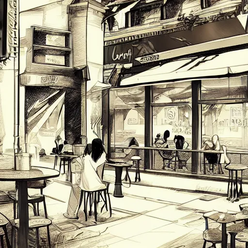 Prompt: an intricate concept art illustration of a coffee shop,, cinematic light, style artgerm