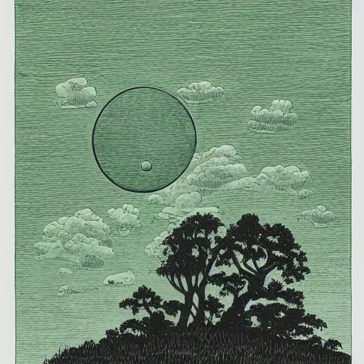 Prompt: plantation, bayou, heavy ink, moon in sky encircled by clouds, cool color palette, green!!!!, mike mignola