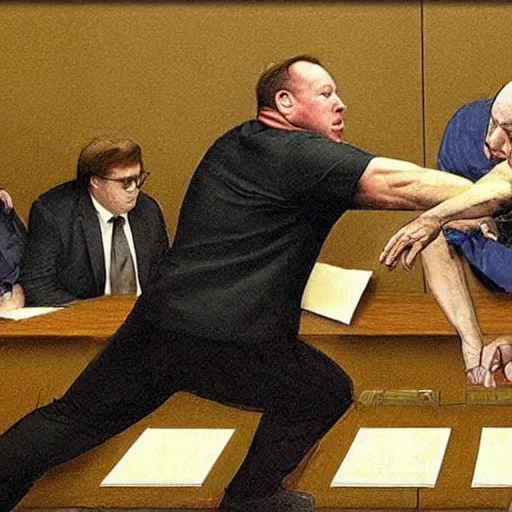 Image similar to alex jones fighting alex jones in a courtroom, golden ratio, renaissance painting,