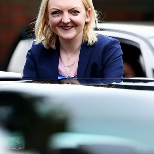 Image similar to liz truss sat in a car looking at a no u turn sign