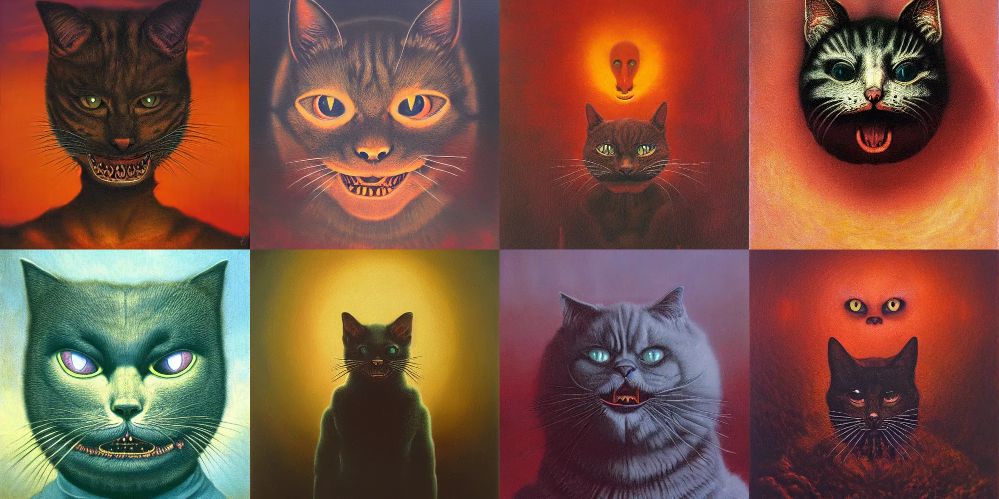 Image similar to grinning evil cat, HD, in style of beksinski, film grain, medium format, 8k resolution, oil on canvas