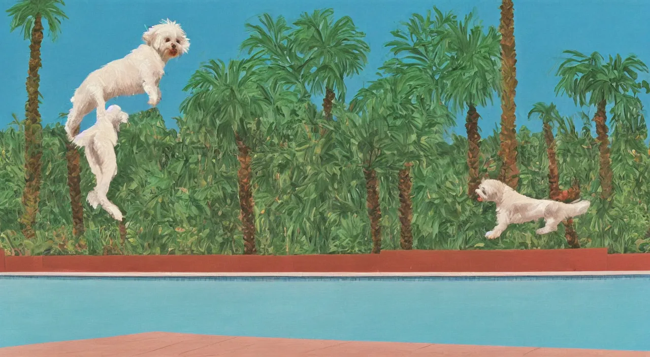 Image similar to medium shot of one cream colored havanese dog jumping from a diving board at a pool at a mid century modern house in palm springs oil painting by david hockney