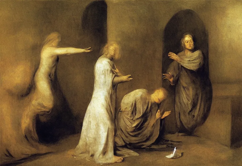 Image similar to the annunciation by Odd Nerdrum, by Francisco Goya, by Francis Bacon, beautiful, eerie, surreal, colorful