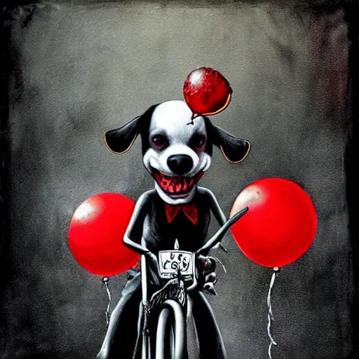 Image similar to grunge painting of a dog riding a bike with a wide smile and a red balloon by chris leib, loony toons style, pennywise style, corpse bride style, horror theme, detailed, elegant, intricate