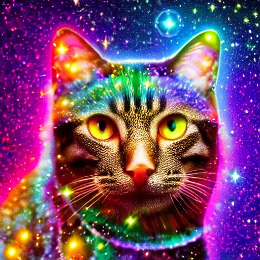 Prompt: Aesthetic bejewelled cat goddess, Background, cosmic nebular, Dramatic, First-Person, 4k, Photoluminescence, by Jeff Koons - - 10:16