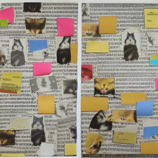 Image similar to Accurate representation of cat collage made out of cut coated and uncoated colored papers on two joined sheets of found newspaper