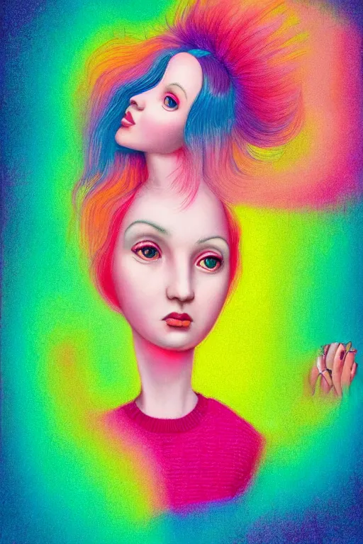 Image similar to an portrait of a girl with pink hair wearing a bright colorful retro sweater, evokes chrysalism painting by mark ryden, and lisa frank