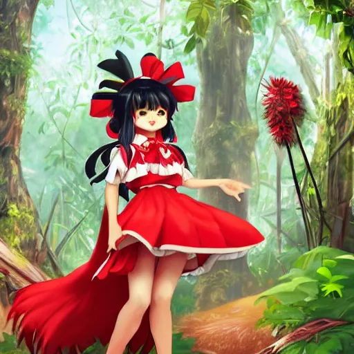 Image similar to a imaginefx of reimu in the jungle wearing bonnet