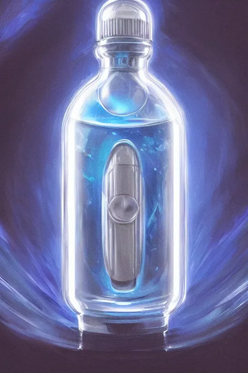 Image similar to concept art of a rolex - star wars blue magenta iridescent liquid dietary supplement in a transparent bottle with big black sticker on it by aenaluck, artgerm and roberto ferri and greg rutkowski, blue and white tones, digital painting, artstation, concept art, smooth, sharp foccus ilustration hq