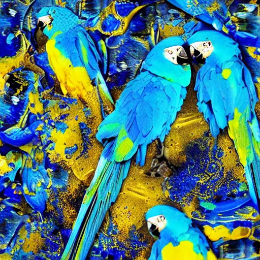 Prompt: blue parrots emerging from fluids, ink splash, intricate details, 16k, post processing, saturated blue colours