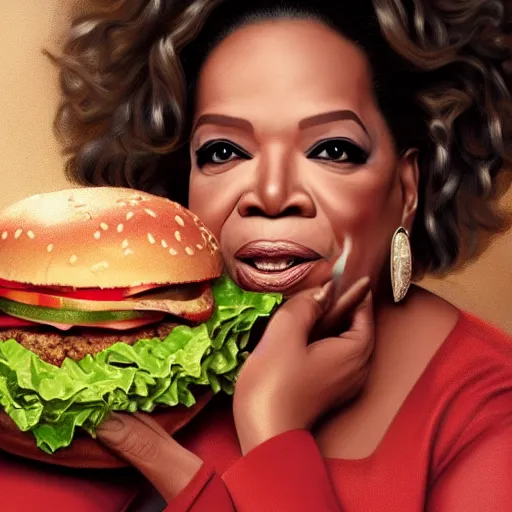 Prompt: portrait of oprah winfrey with bright red eyes, eating a huge hamburger, extra bacon lettuce and tomato, fantasy, intricate, elegant, highly detailed, digital painting, artstation, concept art, matte, sharp focus, illustration, art by aenaluck and roberto ferri and greg rutkowski, epic fantasy, digital painting