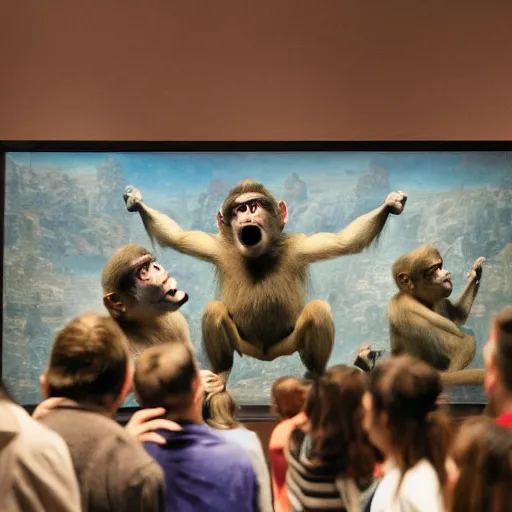 Prompt: audience pointing and laughing at monkey jpeg nft's in museum, 4 k