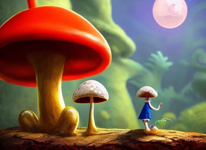 Image similar to a cute dr seuss creature sitting next to a mushroom, golden hour, fantasy, sharp focus, digital art, hyper realistic, 4 k, unreal engine, highly detailed, hd, dramatic lighting by brom, trending on artstation