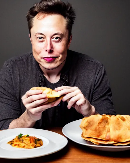 Prompt: a portrait of elon musk sitting at the dining table with a plate containing samosa in front of him, highly detailed, trending on artstation, bokeh, 9 0 mm, f / 1. 4