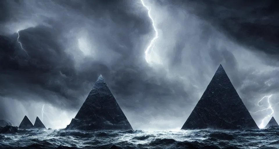 Image similar to black lovecraftian eldritch!! obsidian pyramid!! on a snowy island surrounded by raging stormy seas, with a large shadow of a creature in the background by eugene von guerard, ivan shishkin, night, red lightning!!, storm!, dramatic lighting, concept art, trending on artstation, 8 k