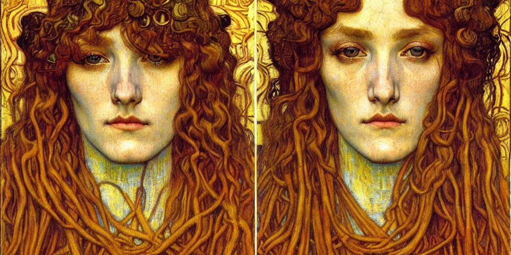 Image similar to detailed realistic beautiful young medieval queen face portrait by jean delville, gustav klimt and vincent van gogh, art nouveau, symbolist, visionary, gothic, pre - raphaelite, muted earthy colors, desaturated