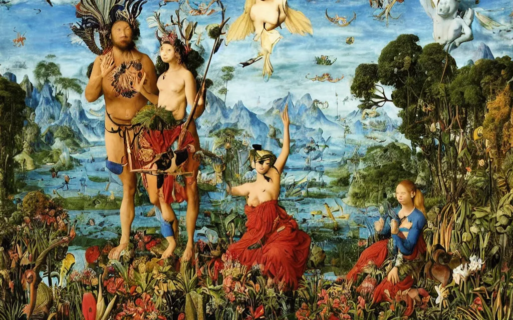 Image similar to a portrait photograph of a meditating harpy and a centaur king hunting tropical animals at a wide river delta. surrounded by bulbous flowers, animals, trees and mushrooms. mountain range under a vast blue sky of burning stars. painted by jan van eyck, max ernst, ernst haeckel and artgerm, cgsociety, artstation, fashion editorial